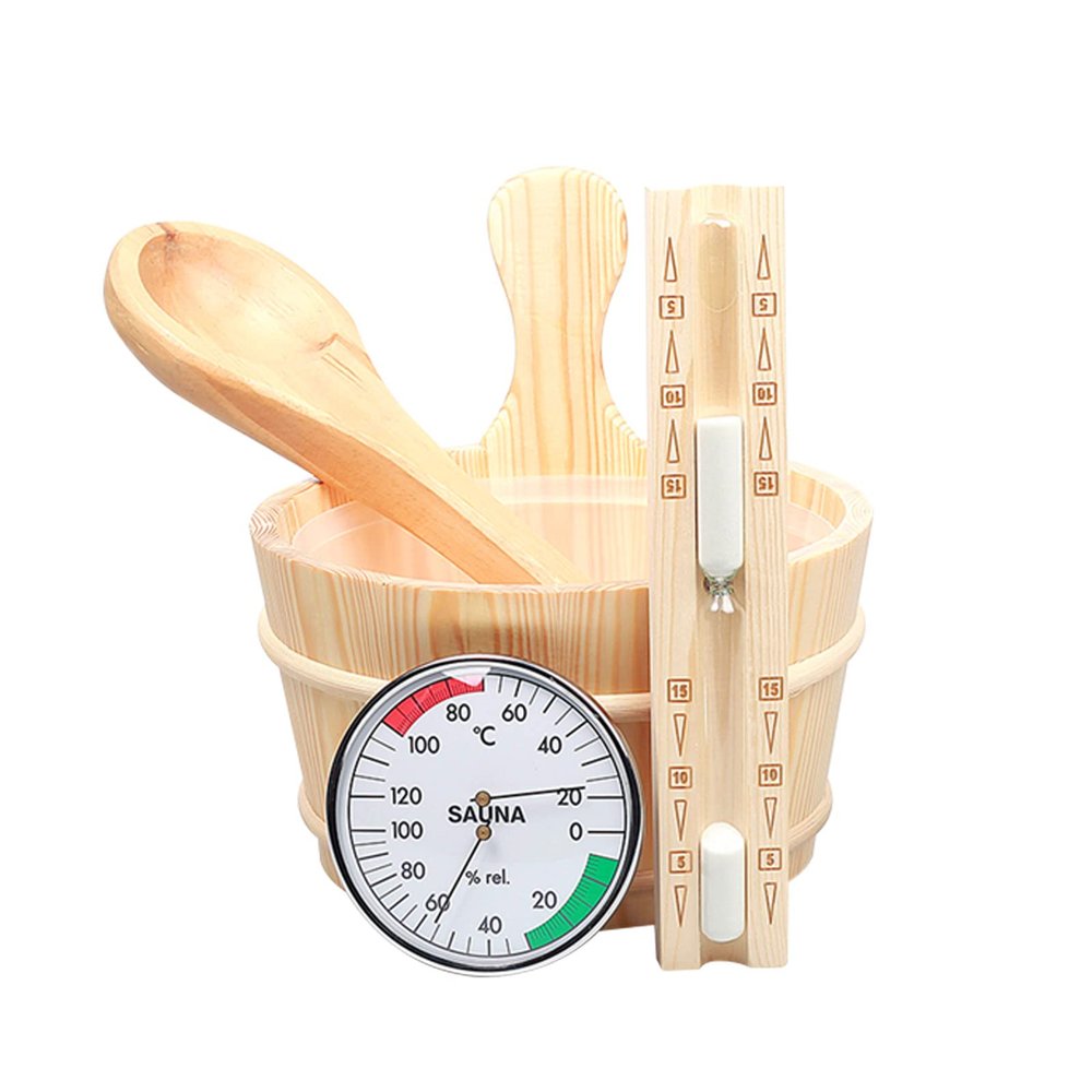 Sauna Bucket Set, 4-Piece Sauna Accessory Set, Sauna Bucket with Ladle Made of High-Quality Pine Wood, 4 Litre Sauna Bucket with Plastic Insert, Hourglass and Thermometer/Hygrometer, Sauna Bucket Set