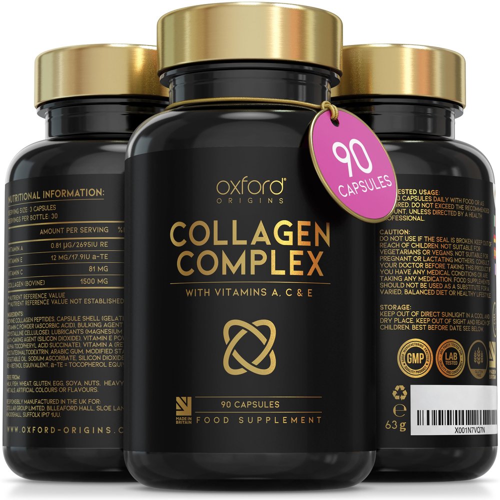 Advanced Collagen Complex | Made in The UK | Hydrolysed Collagen Supplements for Women & Men Enhanced with High Absorption Hair Skin and Nails Vitamins A, C & E | 90 Capsules