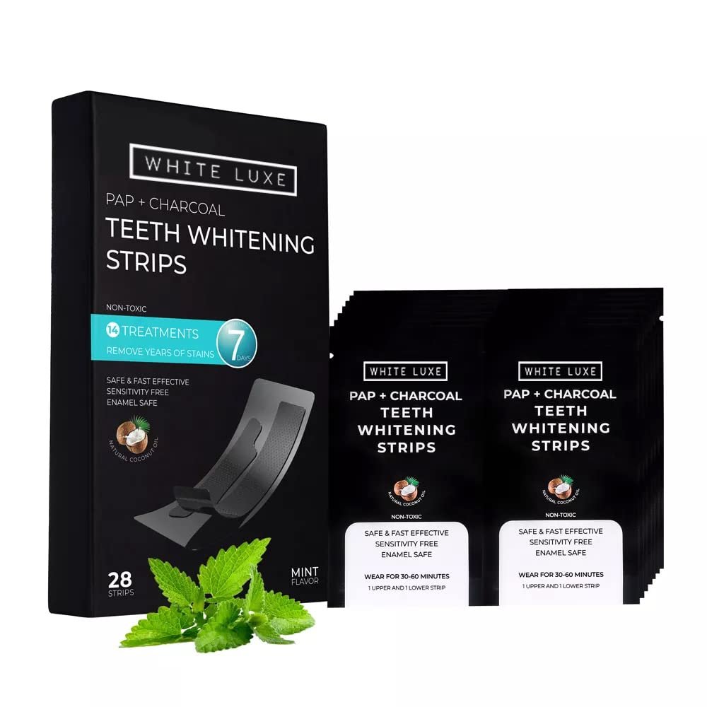White Luxe Professional Teeth Whitening Strips with Activated Charcoal & Coconut Oil for Sensitive Teeth Fast Results at Home Peroxide Free Pap Teeth Whitener