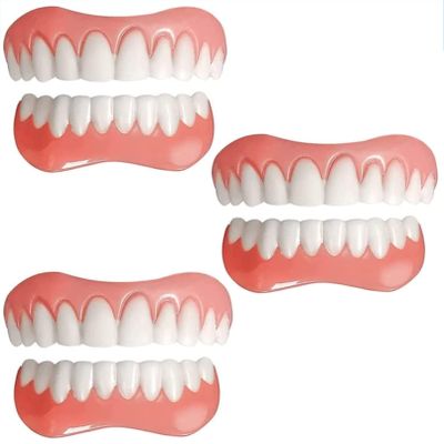 Instant Fake Teeth Temporary Natural Smile Reusable Bottom and Top Silicone Veneer Denture for Men and Women Bad Teeth Whitening Alternative,3PC