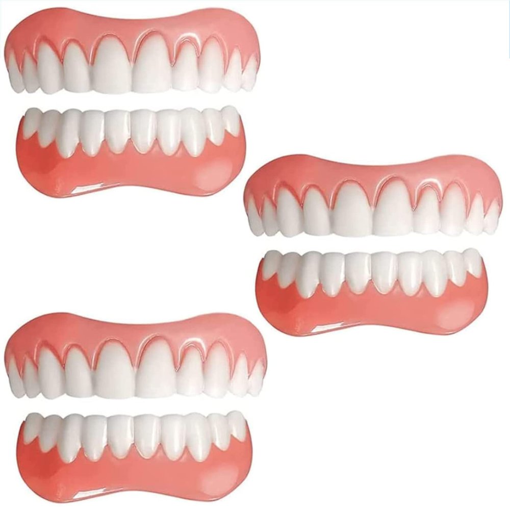 Instant Fake Teeth Temporary Natural Smile Reusable Bottom and Top Silicone Veneer Denture for Men and Women Bad Teeth Whitening Alternative,3PC