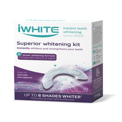 iWhite Superior Teeth Whitening Kit - 10 Trays - Professional Teeth Whitening Up to 8 Shades Lighter. Whitens and Restores Enamel - Microbeads, Calcium and Xylitol - Peroxide Free, Clinically Approved
