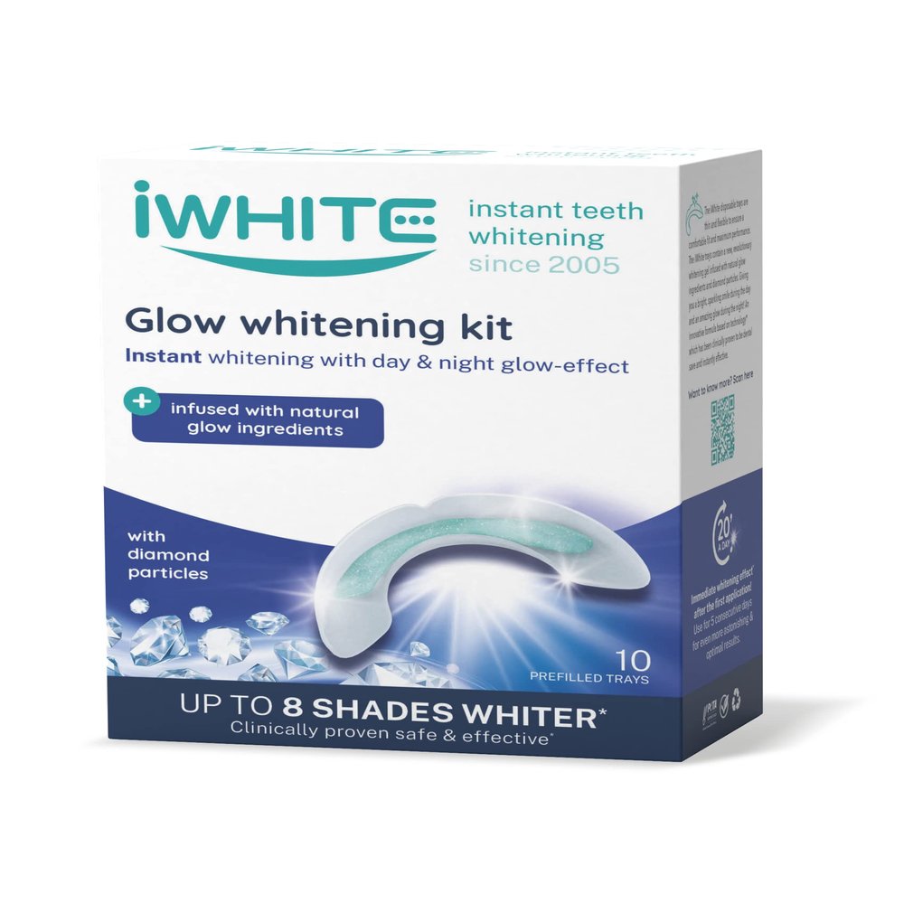 iWhite Glow Instant Teeth Whitening Kit  Up to 8 Shades Whiter  Peroxide-Free  Pap, Calcium & Diamond Technology  Results in 20 Minutes  10 Pre-Filled Disposable Trays