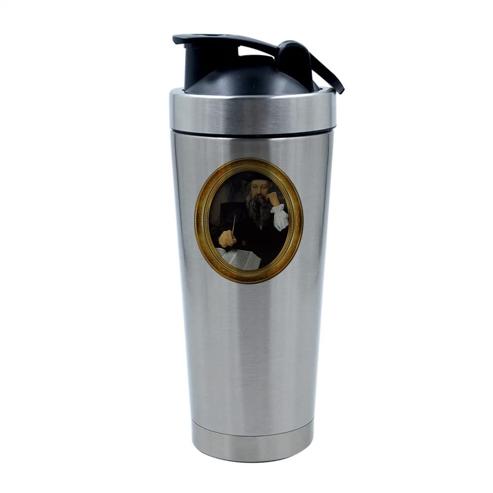 Giftme 500ml Aluminium Shaker Bottle for Supplement Shakes - Easy Clean, Durable Cup Nostradamus French astrologer theme Michel de Nostredame, prophesier, for men-women. (Silver)