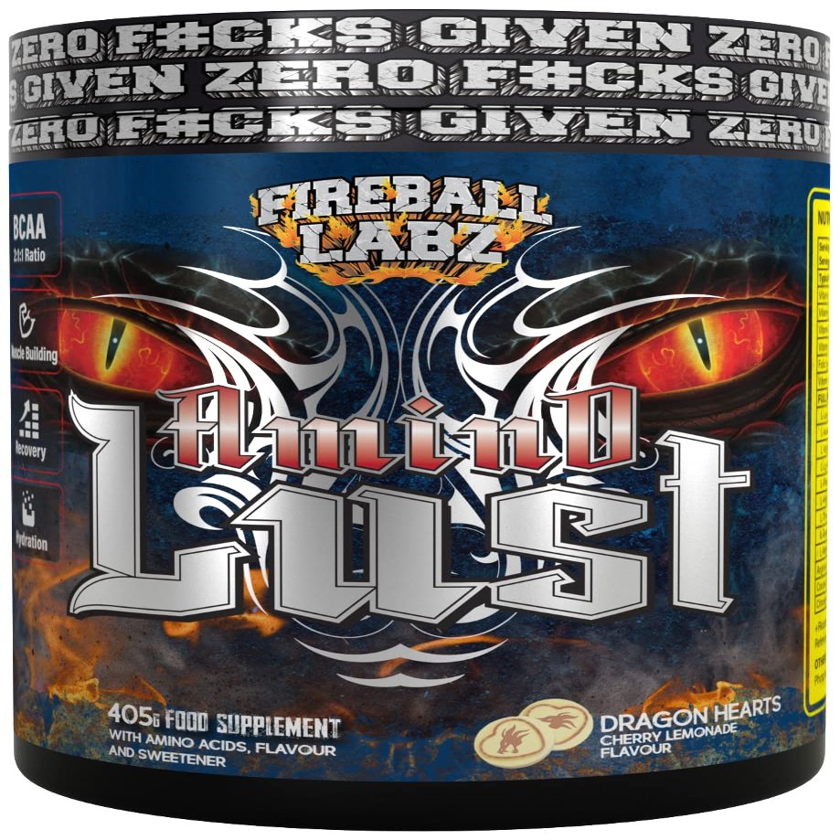 Fireball Labz AminoLust 405g Dragon Hearts (Cherry Lemonade) - Full Spectrum Essential Amino Acids, EAAs - Aids Recovery, Hydration, NooTropic, Nitric Oxide