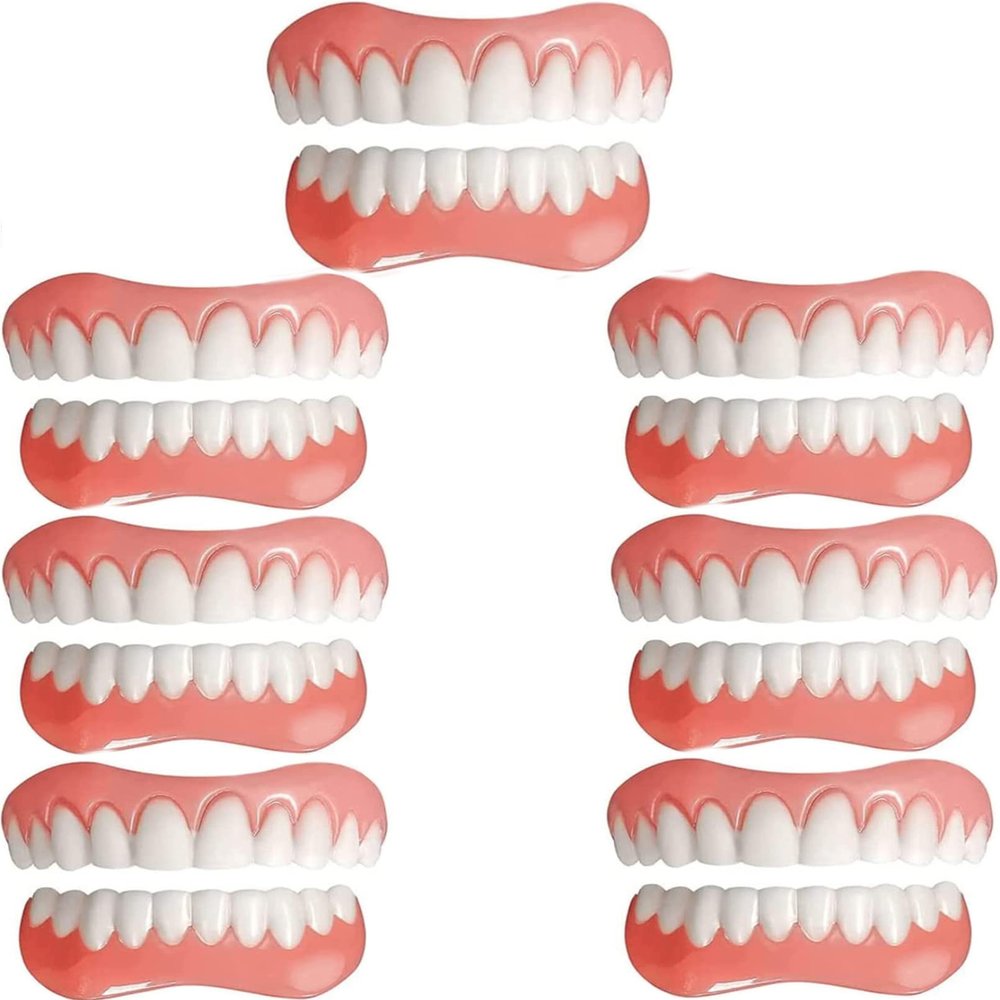 Instant Veneers Dentures Temporary Reusable Natural Whitening Cosmetic Fake Teeth Comfort Upper and Lower Silicone False Teeth for Men and Women,7PC