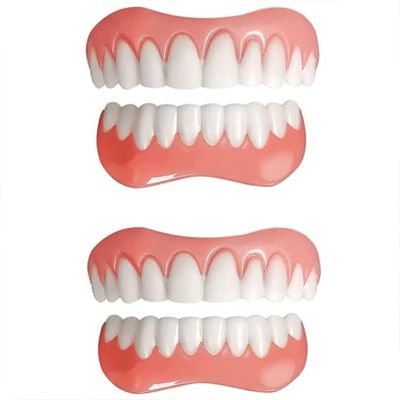 Instant Dentures Temporary Natural Smile Cosmetic Temporary Veneers Silicone Dentures Top and Bottom Dental Whitening Fake Teeth for Men and Women Bad Teeth,2PC
