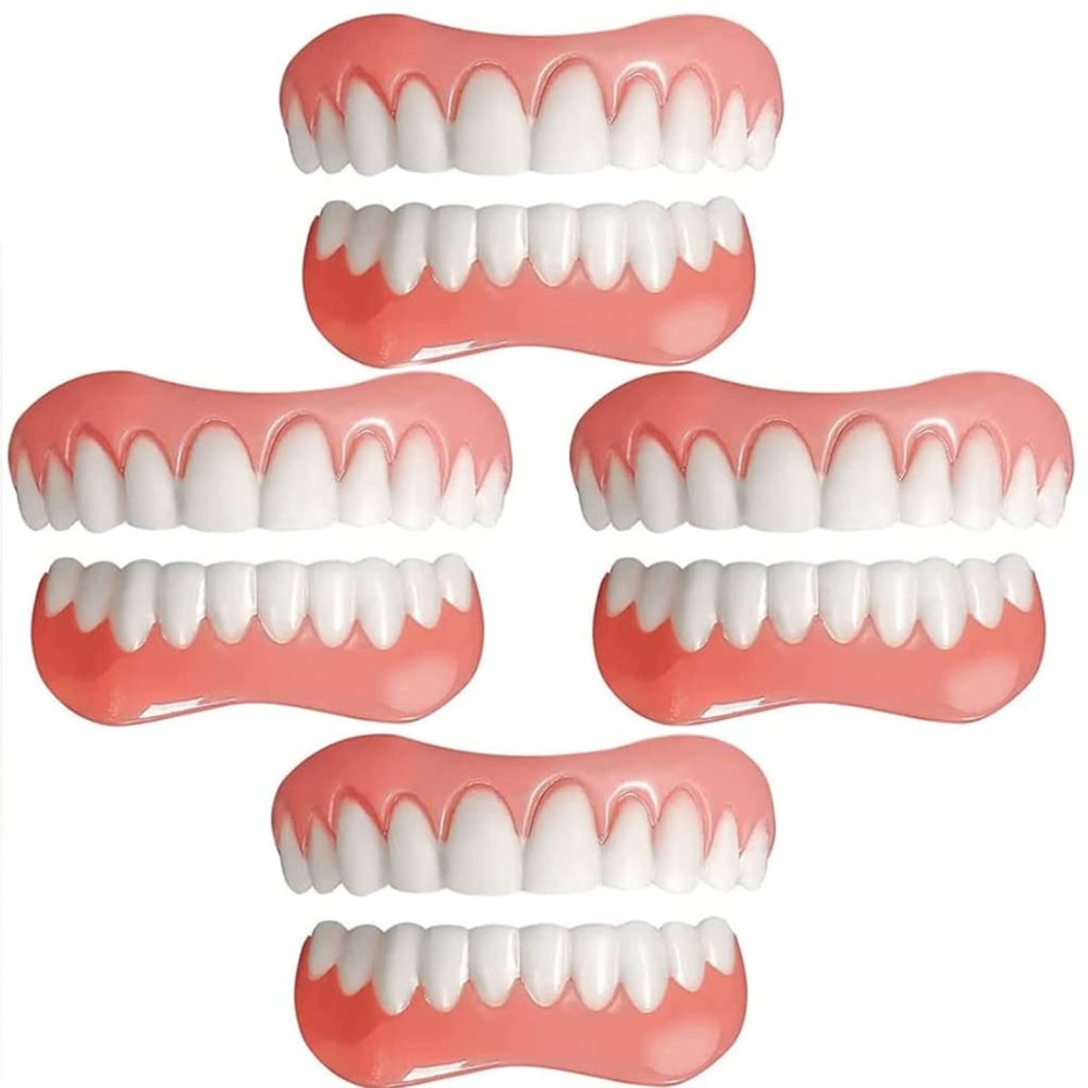 Instant Dentures Temporary Natural Smile Cosmetic Temporary Veneers Silicone Dentures Top and Bottom Dental Whitening Fake Teeth for Men and Women Bad Teeth,4PC