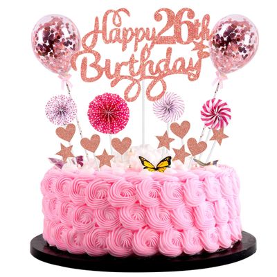 26th Birthday Cake Topper with Pink 26 Years Woman Decoration for Happy Birthday