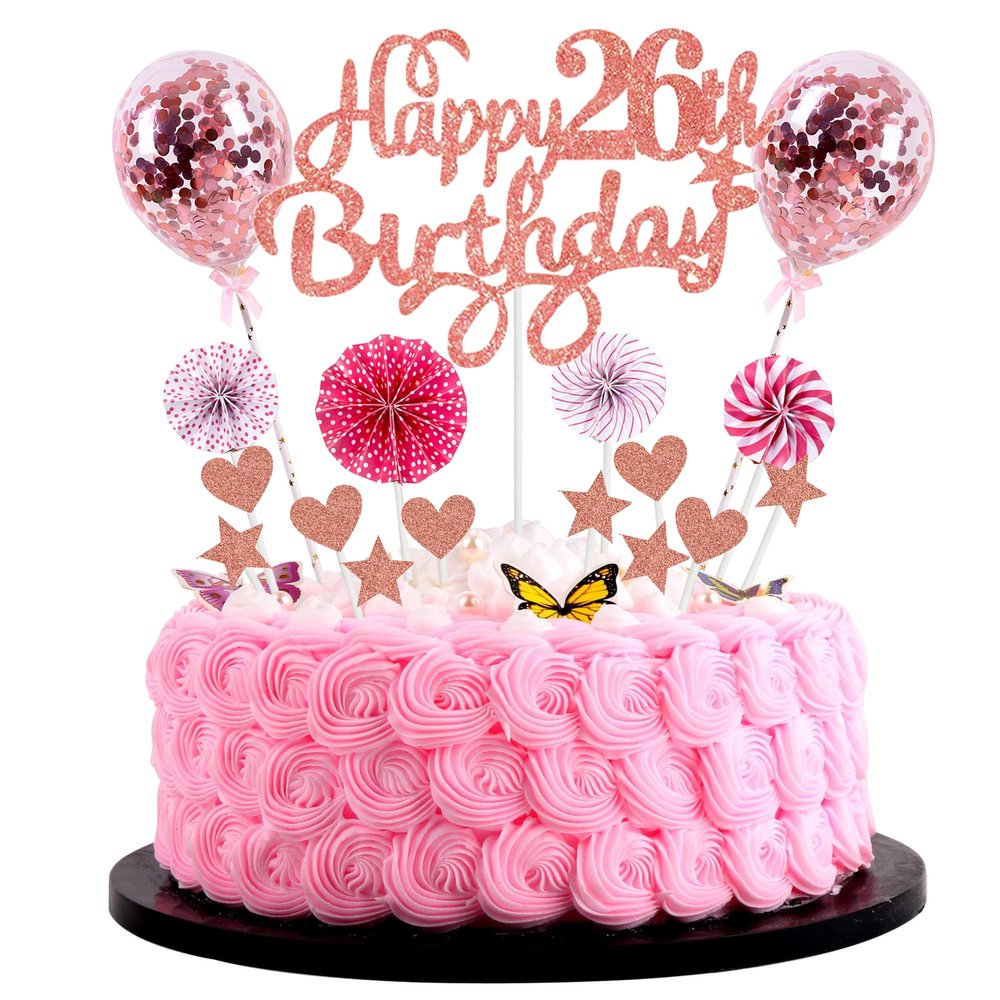 26th Birthday Cake Topper with Pink 26 Years Woman Decoration for Happy Birthday