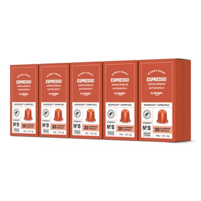 by Amazon Espresso Aluminium Coffee Pods Compatible with Nespresso, Light Roast, 100 Count (5 Packs of 20) - Rainforest Alliance Certified