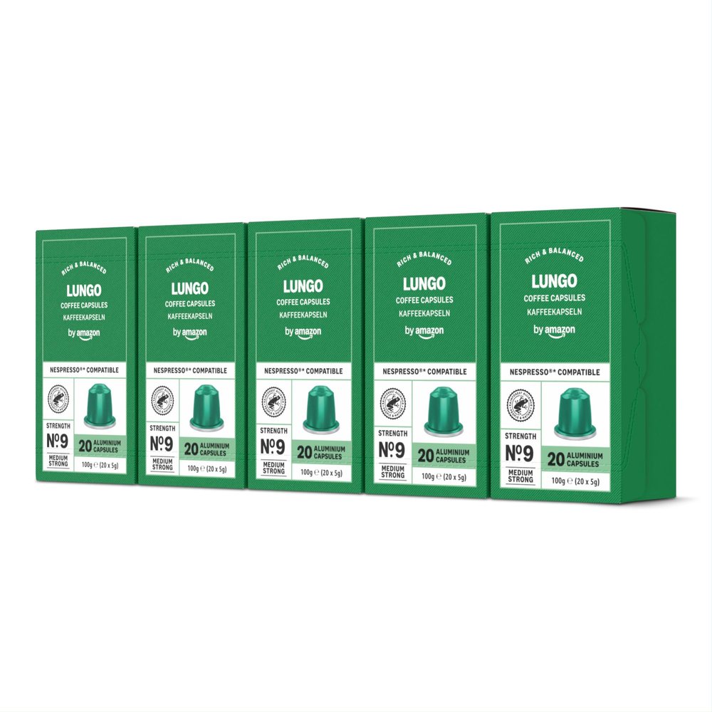 by Amazon Lungo Aluminium Coffee Pods Compatible with Nespresso, Medium Roast, 100 Count (5 Packs of 20) - Rainforest Alliance Certified