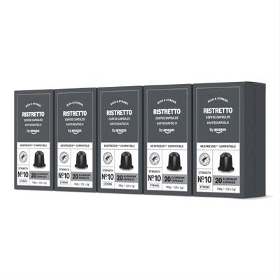by Amazon Ristretto Aluminium Coffee Pods Compatible with Nespresso, 100 Count (5 Packs of 20) - Rainforest Alliance Certified