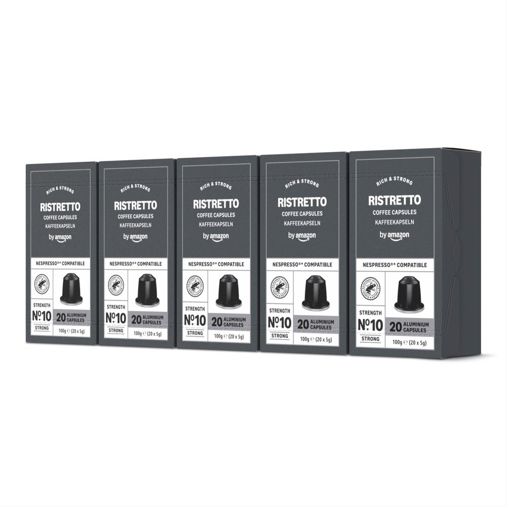 by Amazon Ristretto Aluminium Coffee Pods Compatible with Nespresso, 100 Count (5 Packs of 20) - Rainforest Alliance Certified