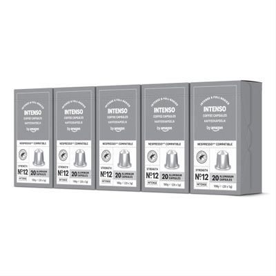 by Amazon Intenso Aluminium Coffee Pods Compatible with Nespresso, Dark Roast, 100 Count (5 Packs of 20) - Rainforest Alliance Certified