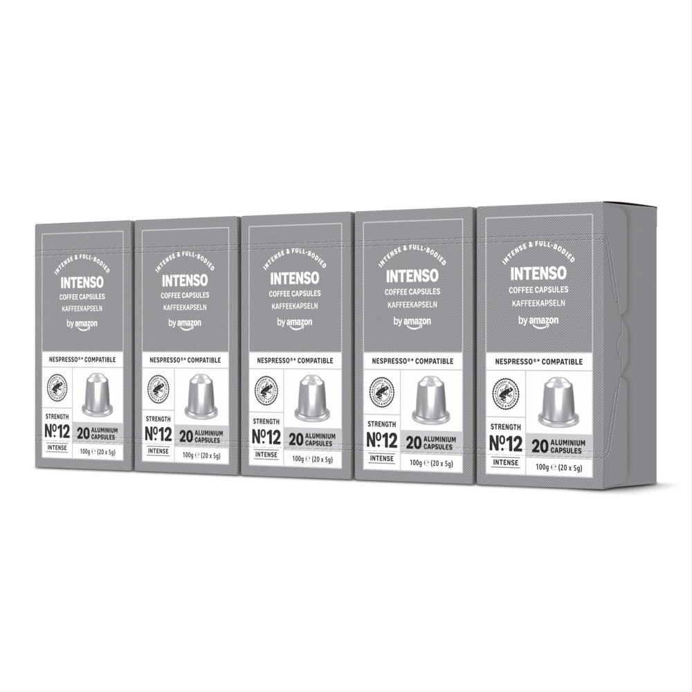 by Amazon Intenso Aluminium Coffee Pods Compatible with Nespresso, Dark Roast, 100 Count (5 Packs of 20) - Rainforest Alliance Certified
