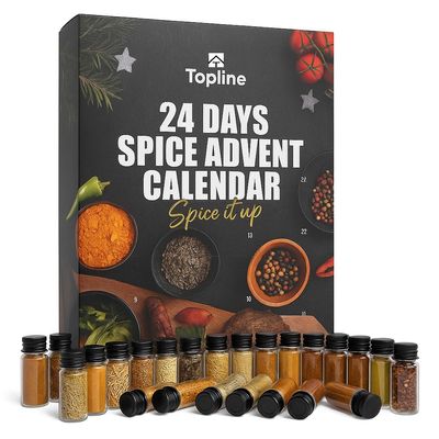 Topline Spice Advent Calendar 2025-24 Seasoning Mixed Herbs and Spices Advent Calendar for Chefs, Foodies, Men & Women  24 Jars of Herbs Culinary Christmas Hamper Gift - Xmas Countdown Present