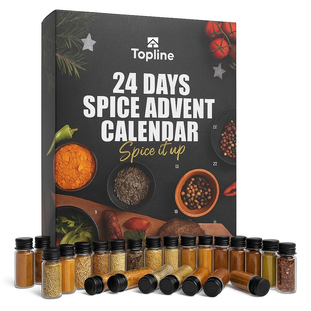 Topline Spice Advent Calendar 2025-24 Seasoning Mixed Herbs and Spices Advent Calendar for Chefs, Foodies, Men & Women  24 Jars of Herbs Culinary Christmas Hamper Gift - Xmas Countdown Present