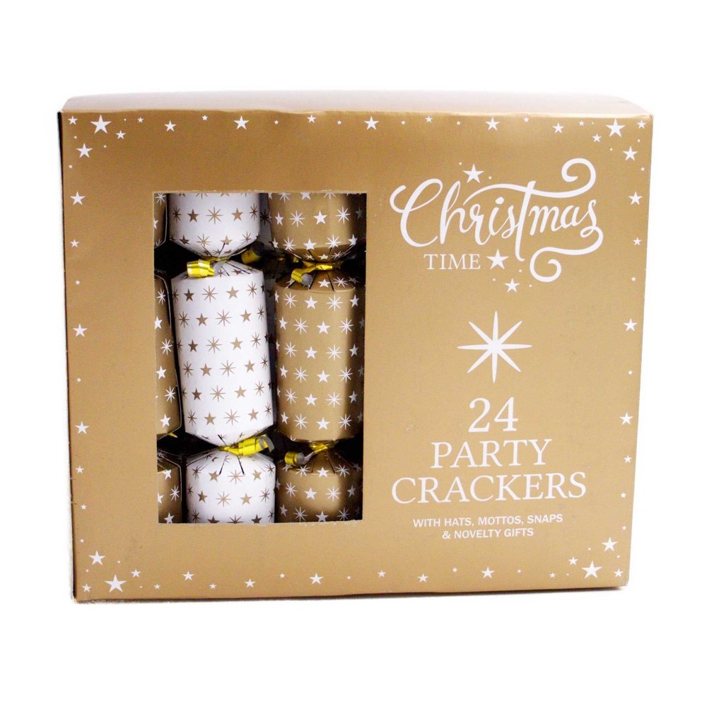 Pack Of 24 Mini Christmas Party Catering Crackers Gold & White Star Design Dinner Party Cracker 20.5cm