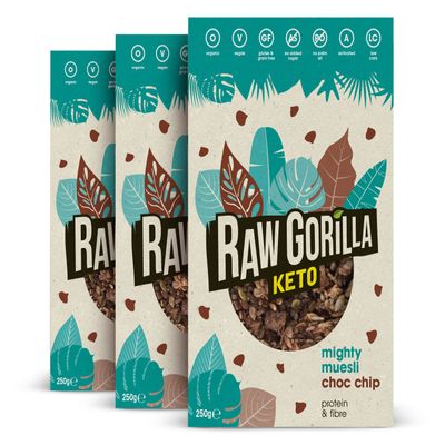 Raw Gorilla Choc Chip Mighty Muesli 3 Pack of 250g | Keto Friendly Vegan Diet, No Added Sugar, Low Carb 4g Net Carbs, Plant Based Breakfast Cereal with Activated Nuts & Seeds, Grain & Gluten Free