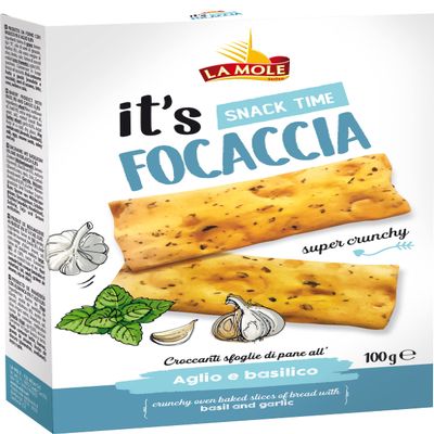 La Mole Garlic and Basil Focaccia, Oven Baked Bread Slices, Best Served with Meats, Soft Cheeses & Olives or Partnered with Dips and Soups, 100g Bag