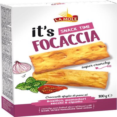 La Mole Basil, Dried Tomato & Onion Focaccia, Oven Baked Bread Slices. Best Served with Meats, Soft Cheeses & Olives or Partnered with Dips and Soups, 100g Bag