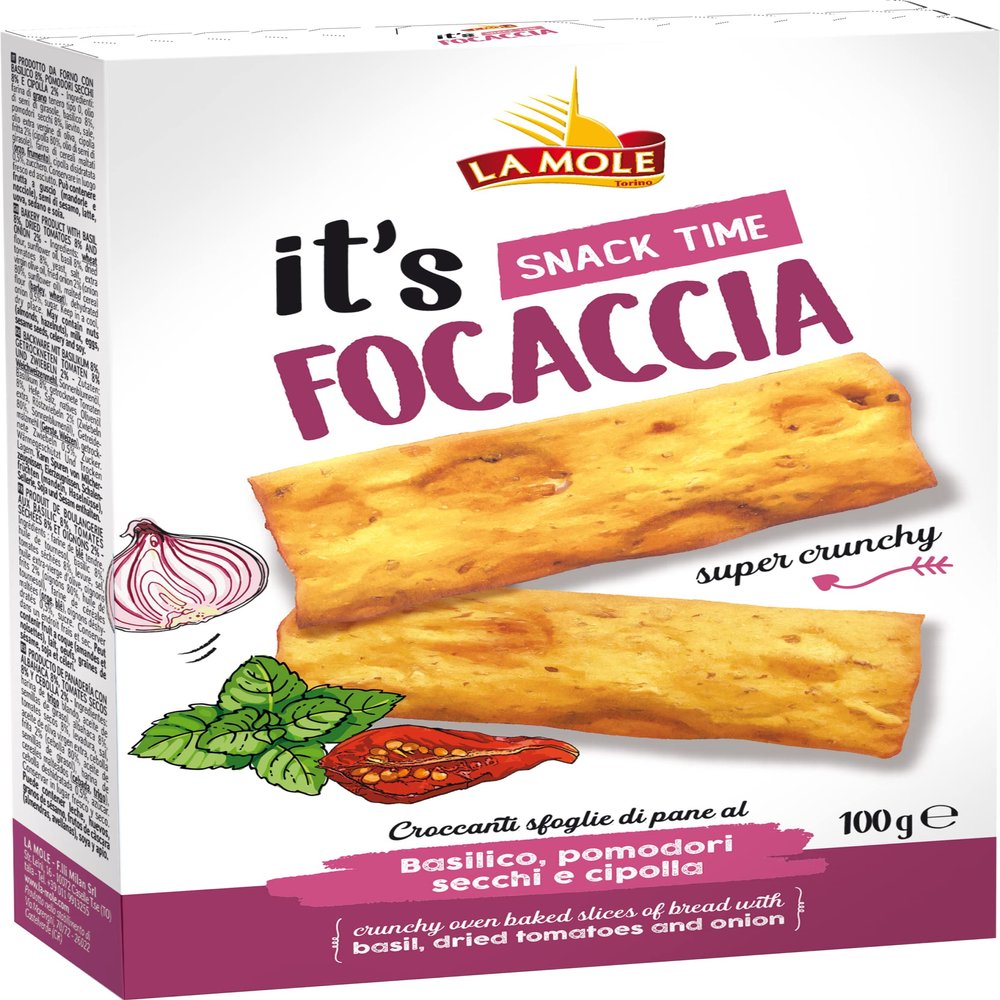 La Mole Basil, Dried Tomato & Onion Focaccia, Oven Baked Bread Slices. Best Served with Meats, Soft Cheeses & Olives or Partnered with Dips and Soups, 100g Bag