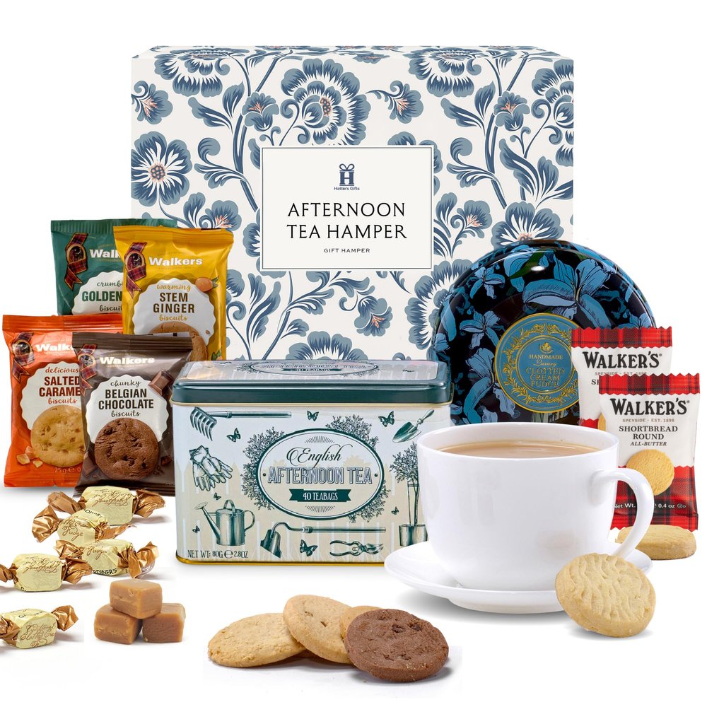 Hatties Gifts Afternoon Tea Hamper Valentines Gifts for Her & Him  English Garden Tea Tin, Clotted Cream Fudge & Shortbread Biscuits | Luxury Food Gift for Birthdays & Celebrations