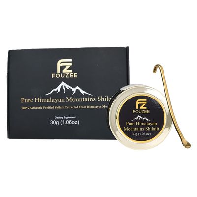 FOUZEE Pure Himalayan Mountains Shilajit - 82% + Fulvic Acid Authentic Hard Consistency, Natural Source of Fulvic Acid, Over 85 Trace Minerals, Includes Stainless Steel Spoon (30 Grams)
