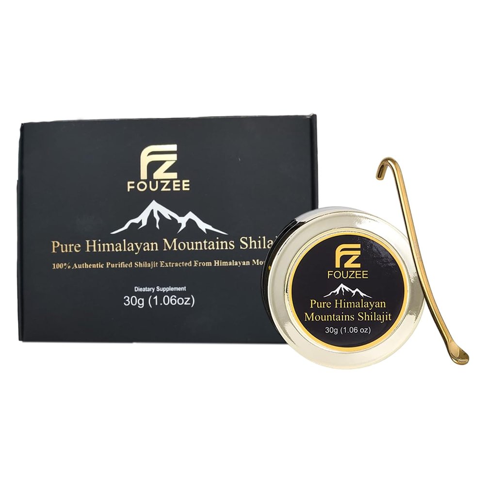 FOUZEE Pure Himalayan Mountains Shilajit - 82% + Fulvic Acid Authentic Hard Consistency, Natural Source of Fulvic Acid, Over 85 Trace Minerals, Includes Stainless Steel Spoon (30 Grams)