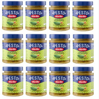 12 x Barilla Pesto Basilico e Pistacchio Pesto with Basil and Pistachio from Sustainable Agriculture, 190 g, Italian Sauce, Gluten Free