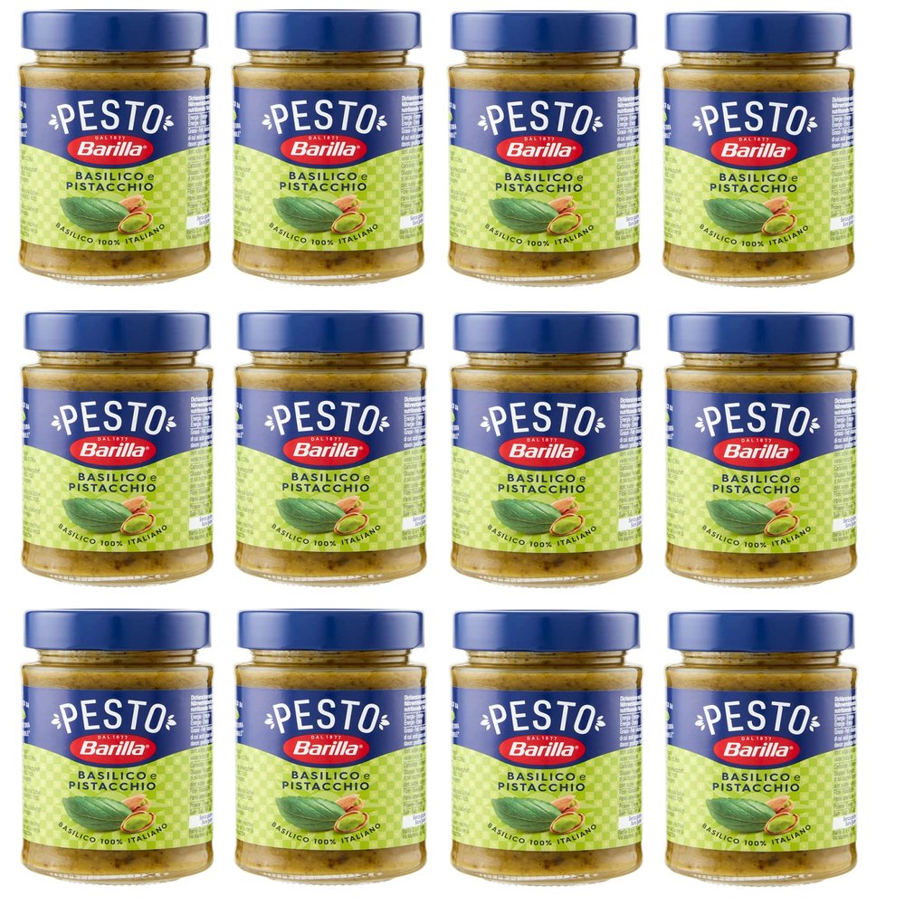 12 x Barilla Pesto Basilico e Pistacchio Pesto with Basil and Pistachio from Sustainable Agriculture, 190 g, Italian Sauce, Gluten Free