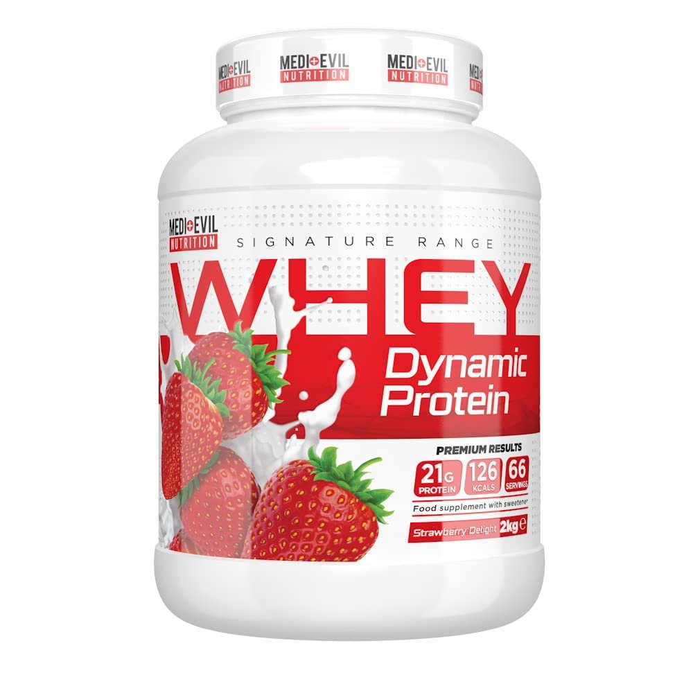 Medi-Evil Nutrition Whey Dynamic Protein, Strawberry Delight Flavour, 2kg Whey Protein Powder for Muscle Building, Vegetarian | 66 Servings