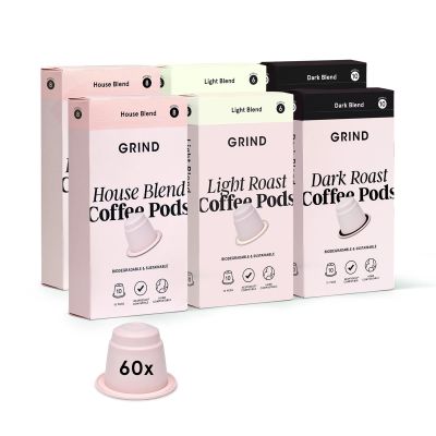 Grind Coffee Variety Pack  Pack of 60 Biodegradable Pods  House, Dark & Light Blend  100% Arabica  Nespresso Original Machine Compatible  Home Compostable Capsules  Gift Set  3 Roast Levels
