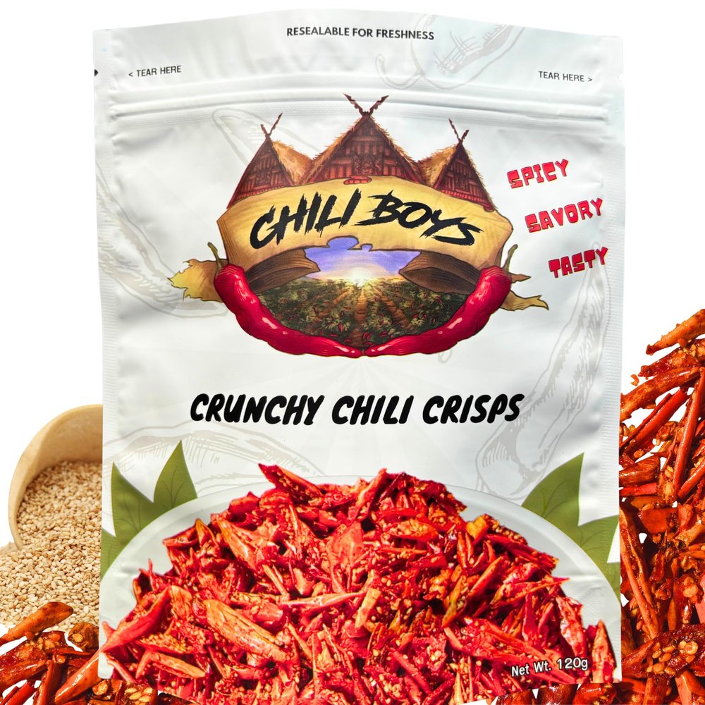 Chili Boys Spicy Crunchy Chilli Crisps with Sesame Seeds | Crispy Fried Chilli Snack and Food Topper | Vegan | Gourmet Savory Pepper Chips | Ready to Eat | Resealable Bag | 120g