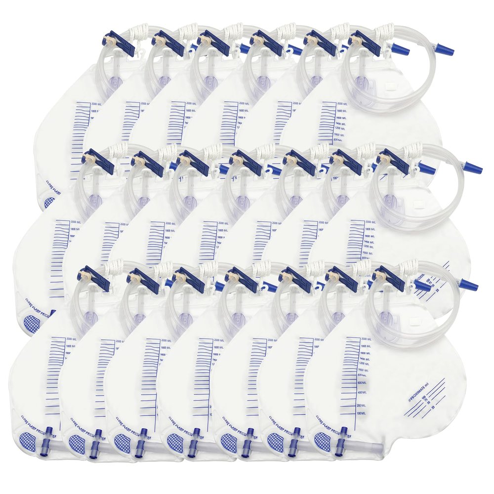 DWCHECK 20 Pack Urinary Drainage Bag, 2000 mL Urine Bag with Anti-Reflux Chamber,48"Unisex Precision Drainage Tube, Clips and Hanging Hook, Professional Urinary Bag for Home and Hospitals Health Aids