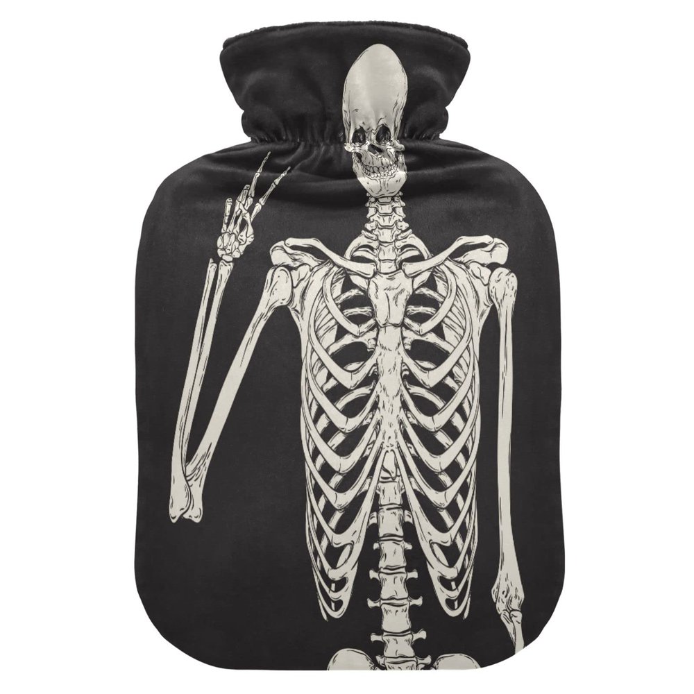Mnsruu Human Skeleton Sugar Skull Halloween Hot Water Bottle with Velvet Cover, 1L Transparent Hot Water Bag for Hand Pain Relief Hot Cold Therapy Cramps