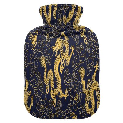 Mnsruu Chinese Dragon Peony Flower Floral Hot Water Bottle with Velvet Cover, 1L Transparent Hot Water Bag for Hand Pain Relief Hot Cold Therapy Cramps