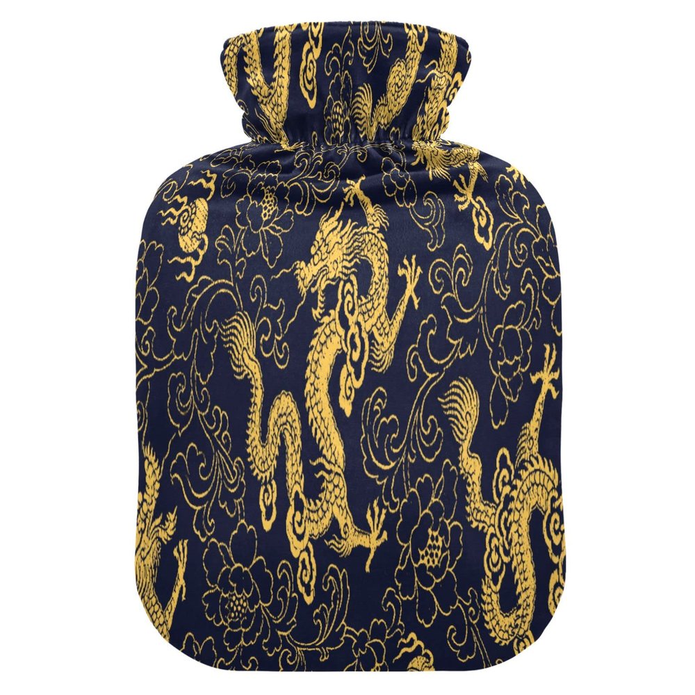 Mnsruu Chinese Dragon Peony Flower Floral Hot Water Bottle with Velvet Cover, 1L Transparent Hot Water Bag for Hand Pain Relief Hot Cold Therapy Cramps