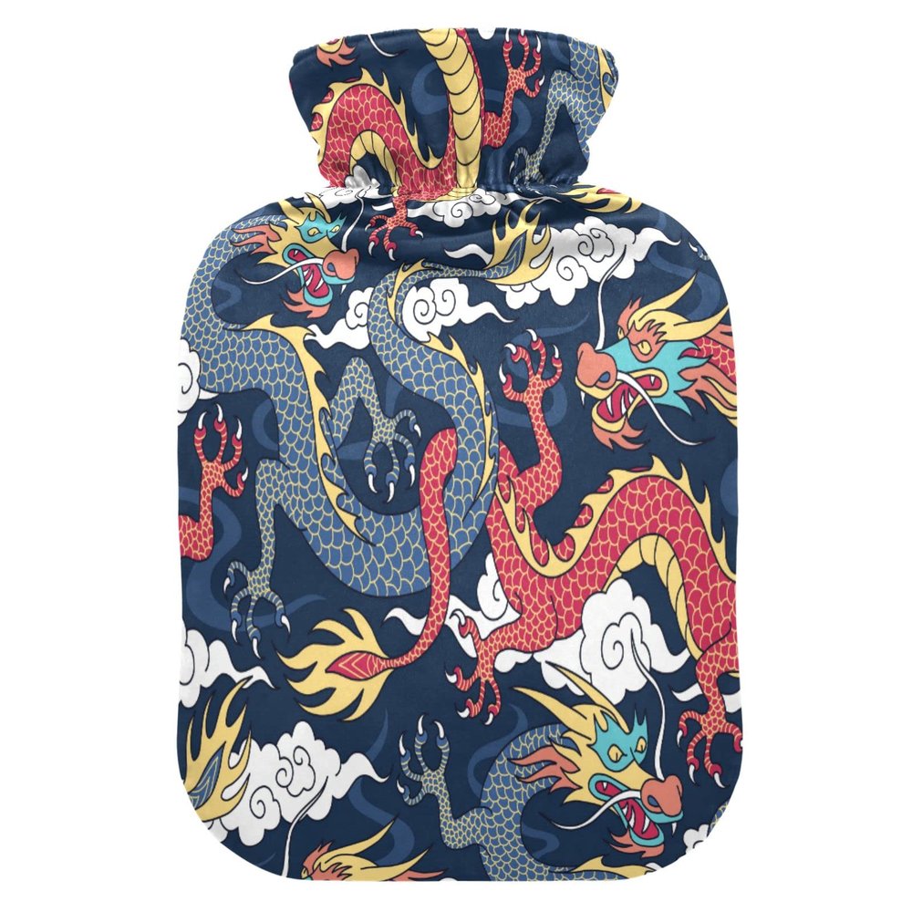 Mnsruu Japanese Blue and Red Dragon Flower Floral Hot Water Bottle with Velvet Cover, 2L Transparent Hot Water Bag for Hand Foot Warmer Pain Relief Hot Cold Therapy Cramps