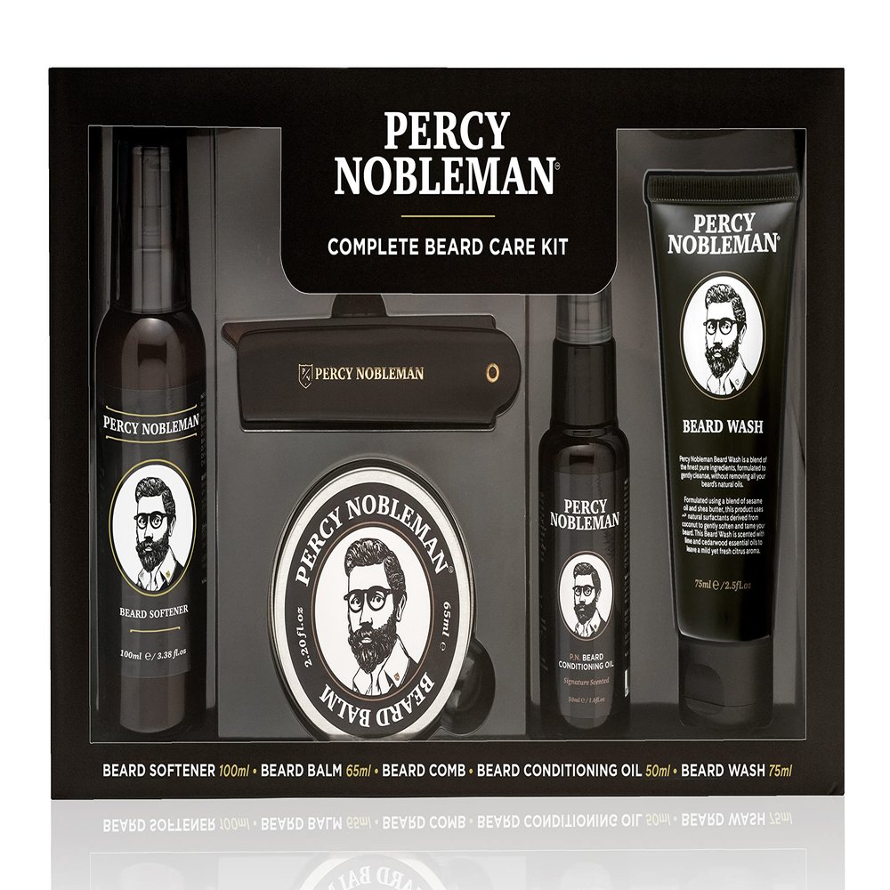 Percy Nobleman Complete Beard Care Kit: Beard Grooming Giftset with Softener, Scented Conditioning Oil, Nourishing Balm, Gentle Beard Wash, Folding Acetate Comb  Gift Set for Growth & Softening