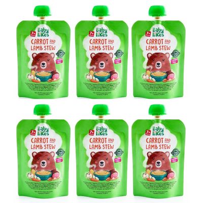 Baby Likes Halal Organic Carrot and Lamb Stew (6 x 130g) l Halal Meat & Organic Fruit and Vegetable Baby Food Puree Pouches for Stage 2 Weaning l With Herbs & Spices l 7 months +