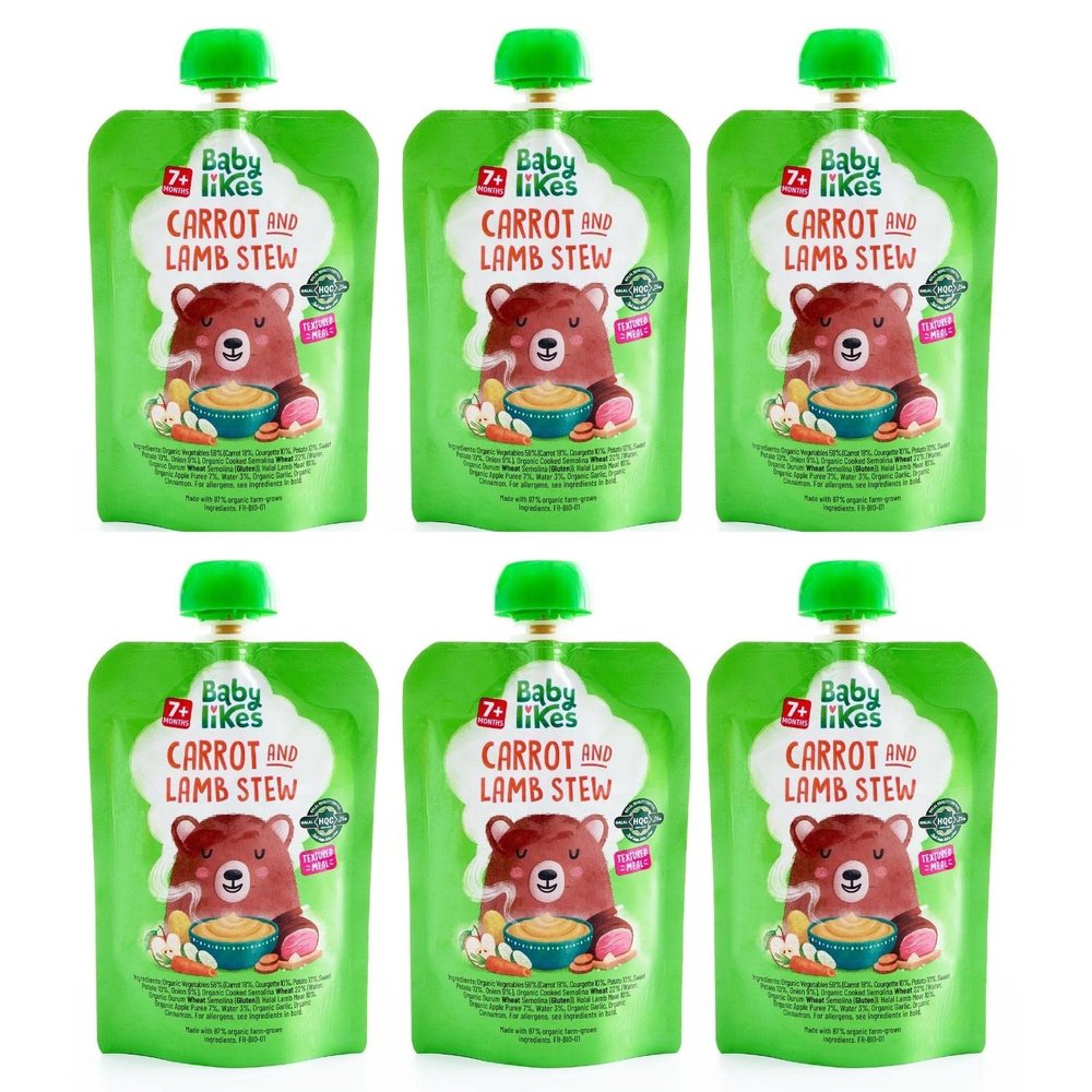 Baby Likes Halal Organic Carrot and Lamb Stew (6 x 130g) l Halal Meat & Organic Fruit and Vegetable Baby Food Puree Pouches for Stage 2 Weaning l With Herbs & Spices l 7 months +