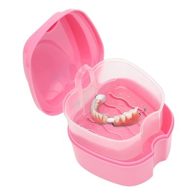 Denture Bath Case Orthodontic Dental Retainer Box Plastic False Teeth Bath Box Denture Cleanning Set Container Soaking Denture Bath for Storing Soaking Dentures Cleaning Box with Filter(Pink)