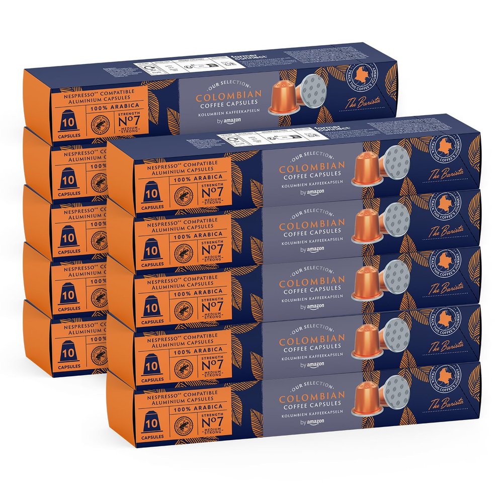 by Amazon Colombian Coffee Nespresso Compatible Aluminium Pods, Medium Roast, 100 Count, (10 Packs of 10) - Rainforest Alliance Certified