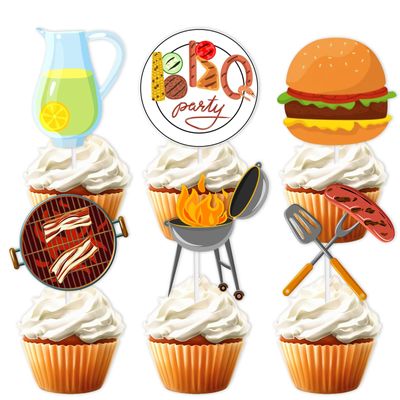 BBQ Dessert Cupcake Topper Cooking Outdoor Kebabs Theme Decor Supplies Baby Shower Boy Girl Happy Birthday Summer Party Decorations 18pcs Gold Glitter