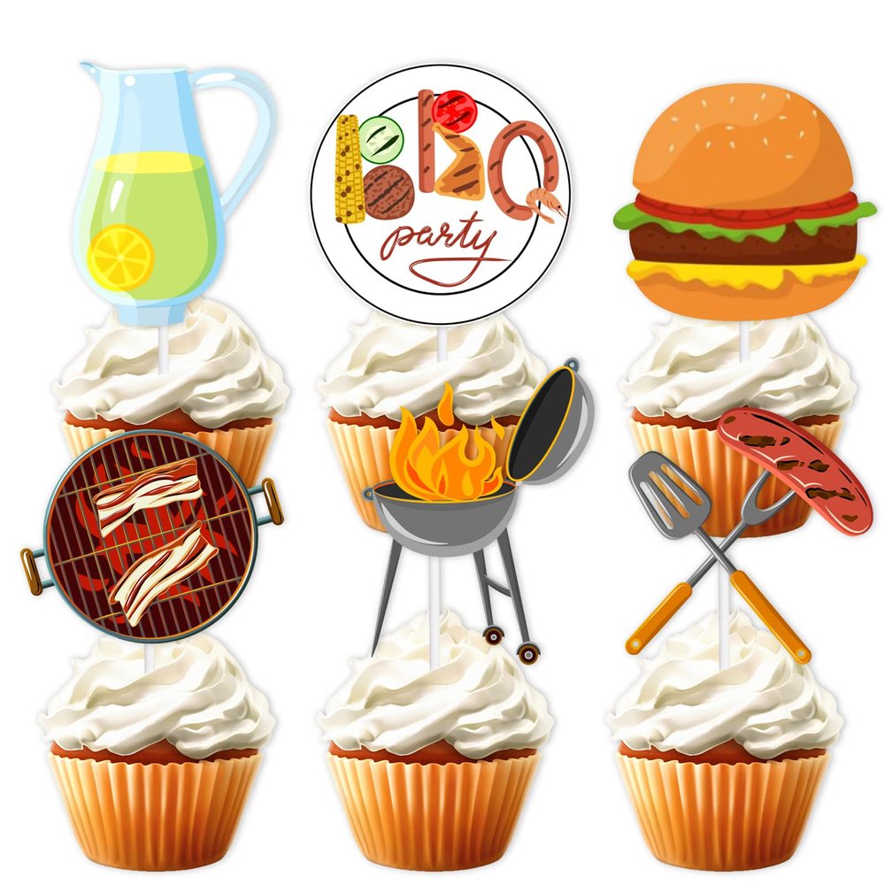 BBQ Dessert Cupcake Topper Cooking Outdoor Kebabs Theme Decor Supplies Baby Shower Boy Girl Happy Birthday Summer Party Decorations 18pcs Gold Glitter