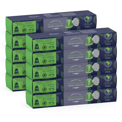 by Amazon Brazilian Coffee Nespresso Compatible Aluminium Pods, Medium Roast, 100 Count, (10 Packs of 10) - Rainforest Alliance Certified