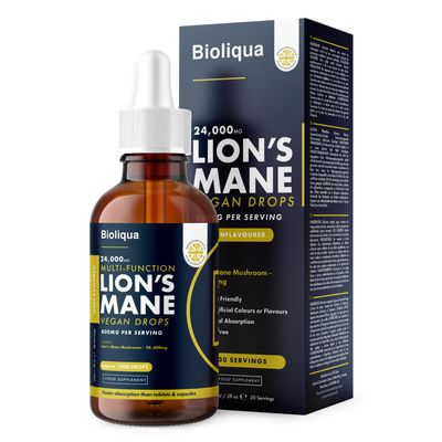 Lions Mane Supplement Liquid Drops - High Strength of 24,000mg per 60ml Bottle at 4X Concentration - Vegan - 1 Month Supply of Premium Lions Mane Extract - Made in UK by Balance (Single Pack)
