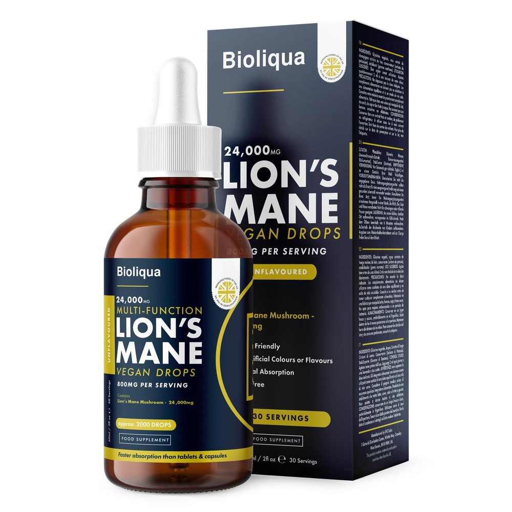 Lions Mane Supplement Liquid Drops - High Strength of 24,000mg per 60ml Bottle at 4X Concentration - Vegan - 1 Month Supply of Premium Lions Mane Extract - Made in UK by Balance (Single Pack)